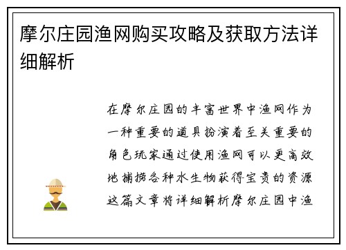 摩尔庄园渔网购买攻略及获取方法详细解析