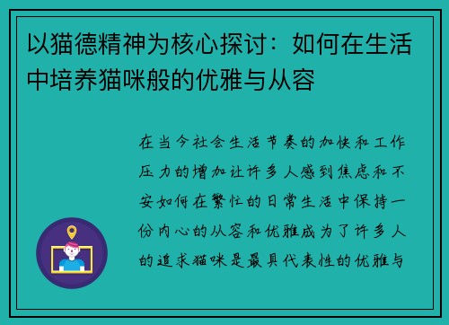 以猫德精神为核心探讨：如何在生活中培养猫咪般的优雅与从容